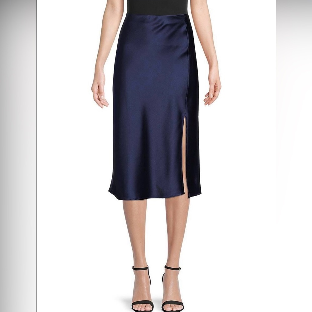 Navy Satin Midi Skirt